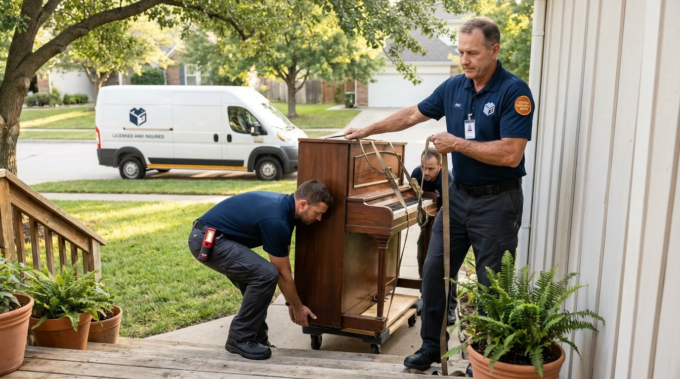 Licensed piano movers securing grand piano in Yutan, NE