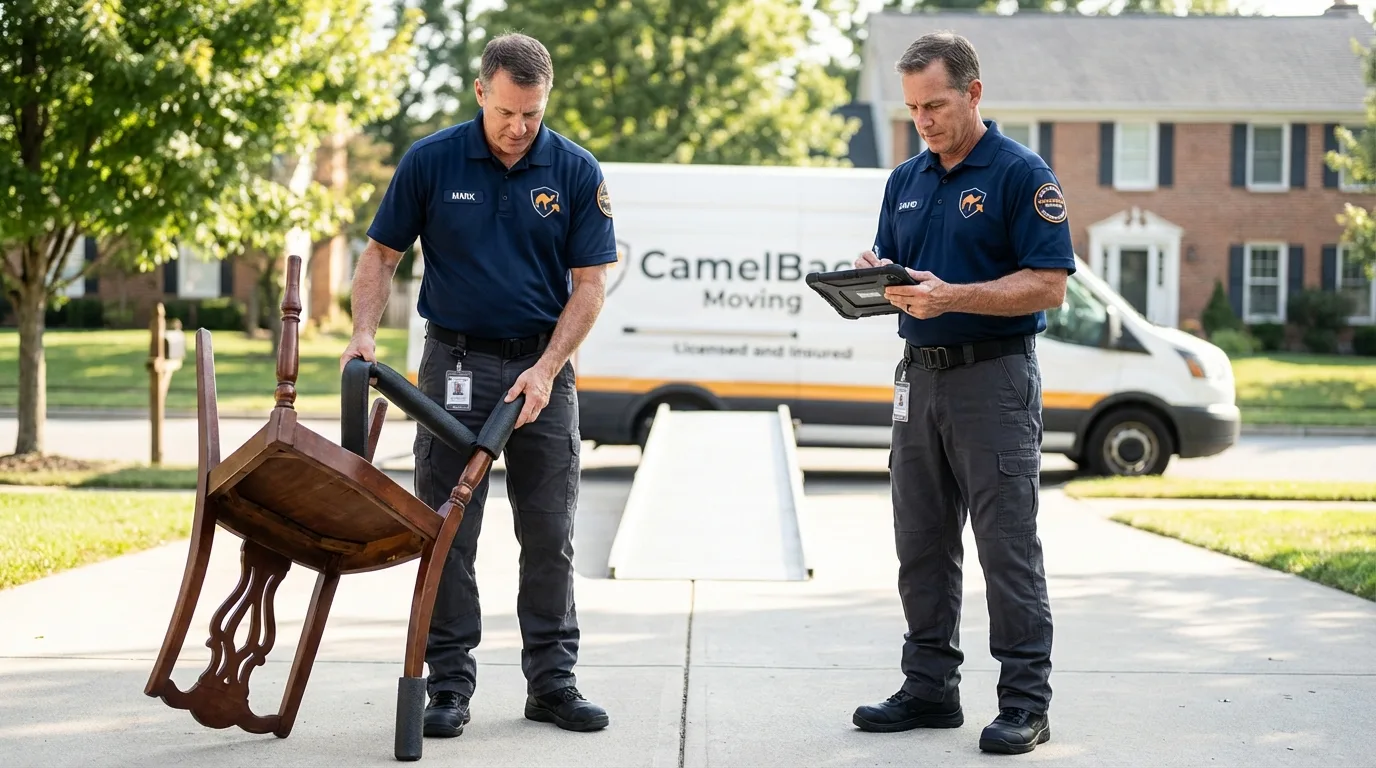 Movers inspecting furniture for damage prevention before loading in Yutan, NE