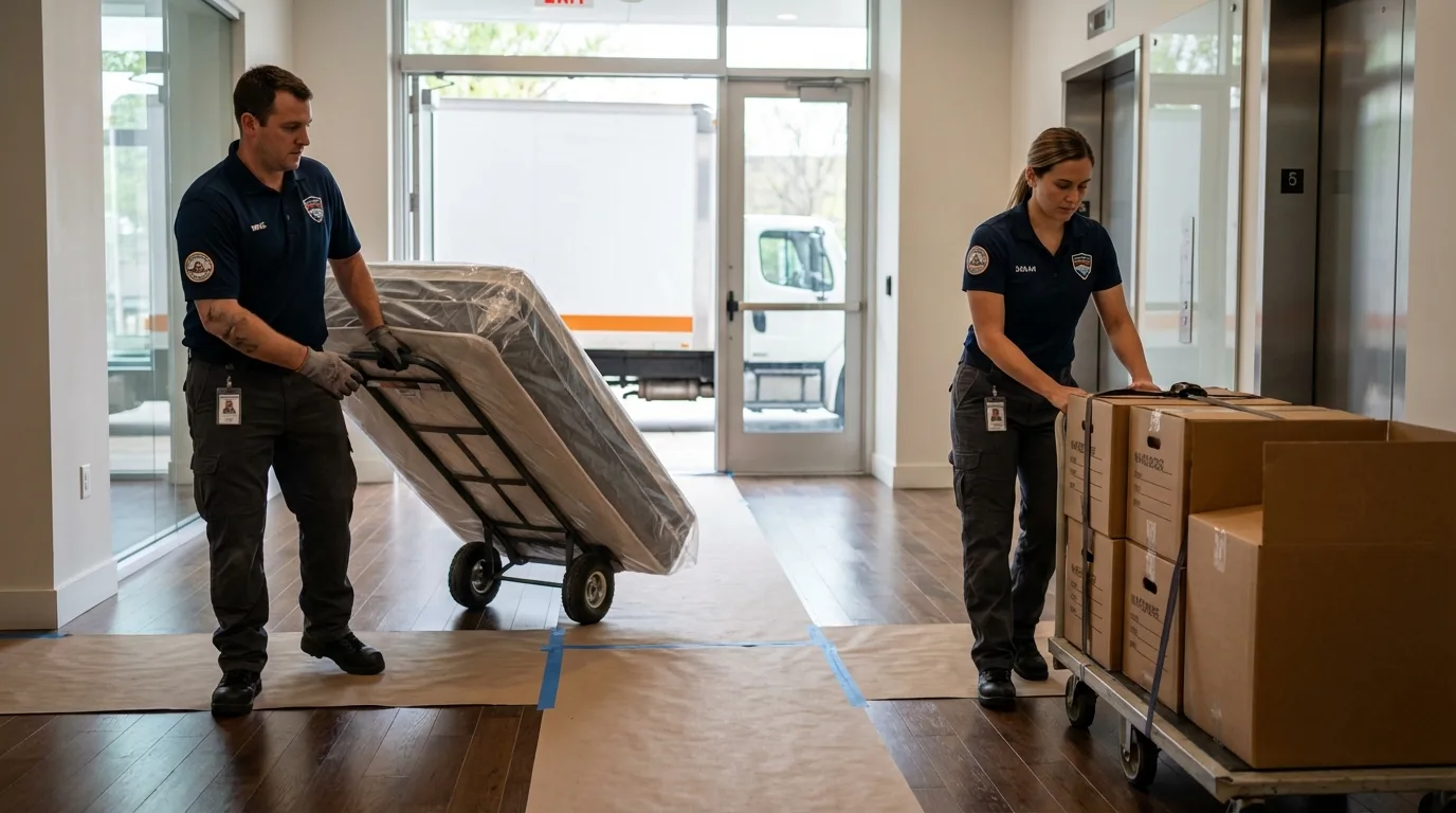 Professional apartment movers loading elevator in Yutan, NE