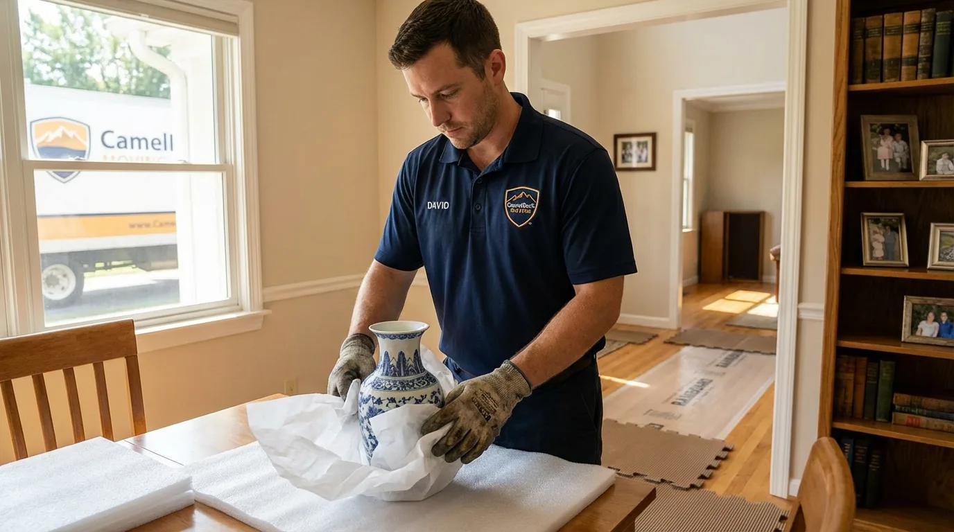 Professional crew carefully wrapping antique vase for senior downsizing move in Yutan, NE
